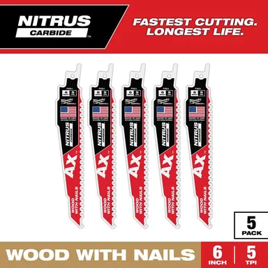 Milwaukee 48-00-7551, accessory: 6 in. 5 TPI NITRUS AX Carbide Teeth Demolition Nail-Embedded Wood Cutting SAWZALL Reciprocating Saw Blade 5PK