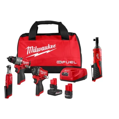 Milwaukee 3424-23-2457-20, bundle: M12 FUEL 12V Lithium-Ion Cordless Drill Driver, Impact Wrench, and Ratchet Combo Kit w/Batteries, Charger, Bag, &Ratchet