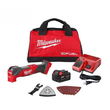 Milwaukee 2836-21, kit: M18 FUEL 18V Lithium-Ion Cordless Brushless Oscillating Multi-Tool Kit with one 5.0 Ah Battery, Charger and Tool Bag (photograph from the Home Depot listing)