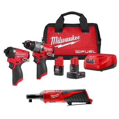 Milwaukee 3497-22-2457-20, bundle: M12 FUEL 12-Volt Li-Ion Brushless Cordless Hammer Drill and Impact Driver Combo Kit (2-Tool) with M12 3/8 in. Ratchet