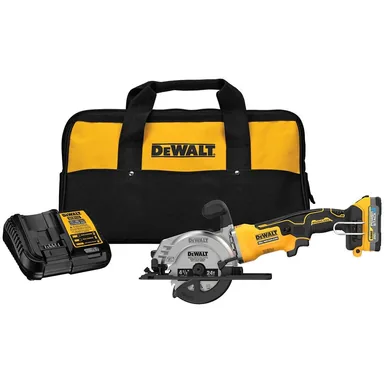 DeWalt DCS571E1, kit: Atomic 20-Volt Maximum Lithium-Ion Cordless Brushless 4-1/2 in. Circular Saw Kit with 1.7 Ah Battery and Charger (photograph from the Home Depot listing)
