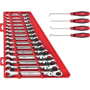 Milwaukee 48-22-9413-48-22-9215, bundle: 144-Position Flex-Head Ratcheting Combination Wrench Set SAE with Hook and Pick Set (19-Piece)