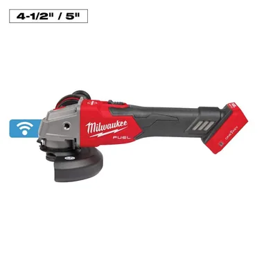 Milwaukee 2883-20, bare tool: M18 FUEL 18V Lithium-Ion Brushless Cordless 4-1/2 in./5 in. Braking Grinder with Slide Switch (Tool-Only) (photograph from the Home Depot listing)