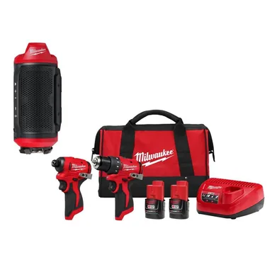 Milwaukee 2955-20-3494-22, bundle: M12 12-Volt Lithium-Ion Cordless Bluetooth Jobsite Speaker with PACKOUT Compatibility, &Drill Impact Driver Kit