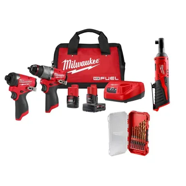 Milwaukee 3497-22-2457-20-48-89-4670, bundle: M12 FUEL 12V Cordless Hammer Drill/Impact Kit + Batteries, Bag + M12 3/8 in. Ratchet + 15-Pc Titanium Set Combo Kit