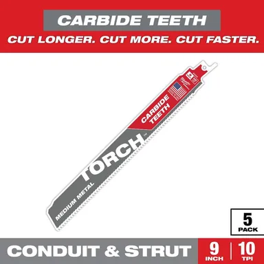Milwaukee 48-00-5552, accessory: 9 in. 10 TPI Torch Carbide Teeth Metal Cutting Sawzall Reciprocating Saw Blade (5-Pack)