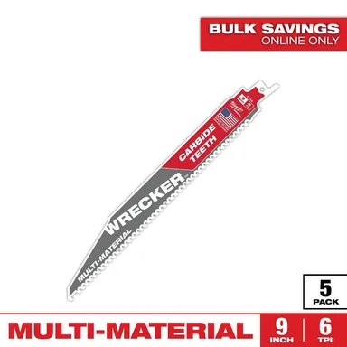 Milwaukee 48-00-5542, accessory: 9 in. 6 TPI WRECKER Carbide Teeth Multi-Material Cutting SAWZALL Reciprocating Saw Blades (5-Pack)