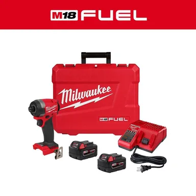 Milwaukee 2953-22, kit: M18 FUEL 18V Lithium-Ion Brushless Cordless 1/4 in. Hex Impact Driver Kit with Two 5.0Ah Batteries Charger Hard Case (photograph from the Home Depot listing)