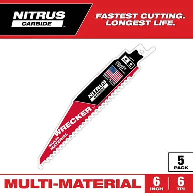 Milwaukee 48-00-5571, accessory: 6 in. 6 Teeth Per Inch WRECKER Nitrus Carbide Teeth Multi-Material Cutting SAWZALL Reciprocating Saw Blade (5-Pack)