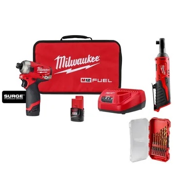 Milwaukee 2551-22-2457-20-48-89-4670, bundle: M12 FUEL SURGE 12V 1/4 in. Hex Impact Kit w/ (2) 2. 0Ah Batteries, Bag with M12 3/8 in. Ratchet with 15-Pc Set