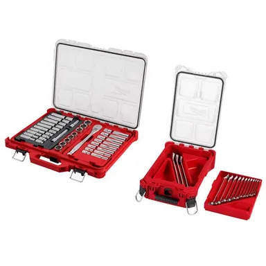 Milwaukee 48-22-9487-48-22-9484, bundle: 1/2 in. Drive SAE/Metric Ratchet and Socket Mechanics Tool Set & SAE Combination Wrench Set w/ PACKOUT (62-Piece)