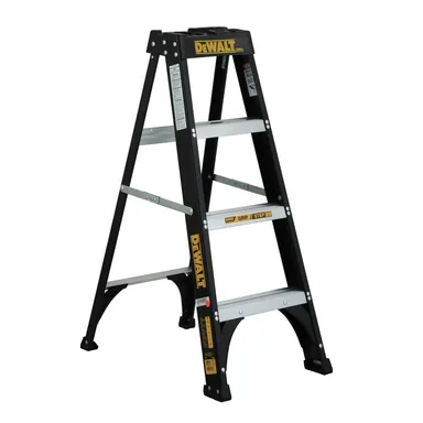 DeWalt DXL3110-04, unpowered: 4 ft. Fiberglass Step Ladder 8.5 ft. Reach Height Type 1 - 250 lbs., Expanded Work Step and Impact Absorption System