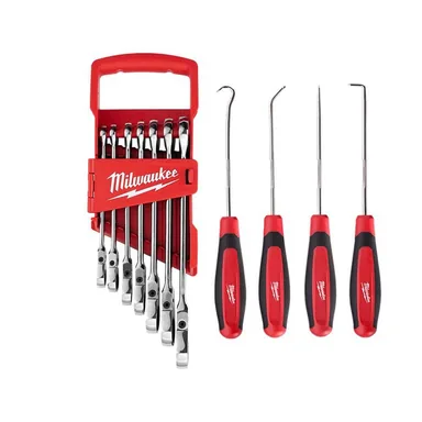 Milwaukee 48-22-9429-48-22-9215, bundle: 144-Position Flex-Head Ratcheting Combination Wrench Set SAE with Hook and Pick Set (11-Piece)