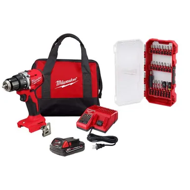 Milwaukee 3601-21P-48-32-4095, bundle: M18 18V Lithium-Ion Brushless Cordless Compact Drill/Driver with One 2.0 Ah Battery, Charger & Bit Set (25-Piece)