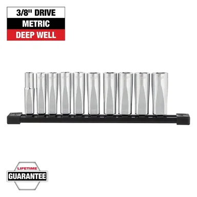 Milwaukee 48-22-9505, unpowered: 3/8 in. Drive Metric Deep Well 6-Point Socket Set (10-Piece)