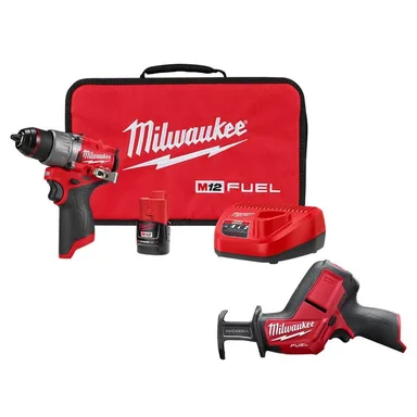 Milwaukee 3404-21-2520-20, bundle: M12 FUEL 12-Volt Li-Ion Brushless Cordless 1/2 in. Hammer Drill Kit w CP 2.0Ah Battery, Charger & M12 FUEL Recip Saw