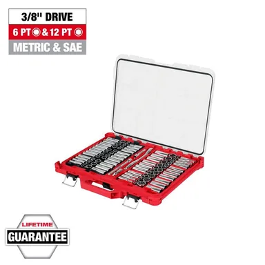 Milwaukee 48-22-9285, unpowered: 3/8 in. 6 Point and 12 Point Metric/SAE Ratchet and Socket Set with PACKOUT Low Profile Organizer (98-Piece)