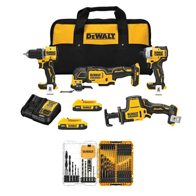 DeWalt DCK486D2WWAMD44, bundle: ATOMIC 20V Lithium-Ion Cordless Brushless Combo Kit (4-Tool) & Drill Bit Set (44-Pc) w/ (2) 2Ah Batteries, Charger & Bag