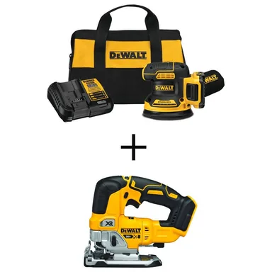 DeWalt DCW210D1W334, bundle: 20V MAX XR Cordless Brushless 5 in. Random Orbital Sander Kit and Cordless Brushless Jigsaw w/ 2.0Ah Battery and Charger