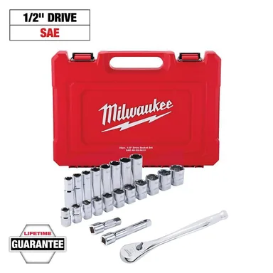 Milwaukee 48-22-9410, unpowered: 1/2 in. Drive SAE Ratchet and Socket Mechanics Tool Set (22-Piece)