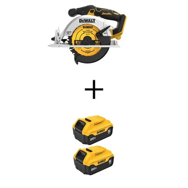 DeWalt DCS565BWCB205-2, bundle: 20V MAX Lithium-Ion Cordless Brushless 6-1/2 in. Sidewinder Style Circular Saw with (2) 20V MAX Premium 5Ah Batteries
