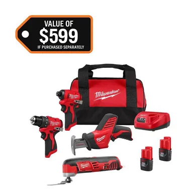 Milwaukee 3494-24, kit: M12 12V Lithium-Ion Brushless Cordless Subcompact Drill and Impact Driver Kit with Hackzall and Multitool 4-Tool Kit