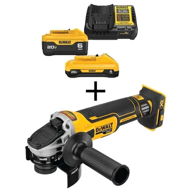 DeWalt DCG405BWCB2460C, bundle: 20V MAX XR Cordless Brushless 4-1/2 in. Slide Switch Small Angle Grinder with 6.0 Ah and 4.0 Ah Starter Kit