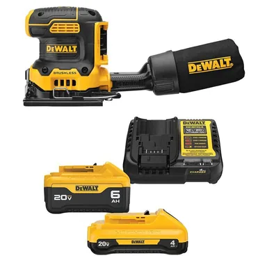 DeWalt DCW200BWCB2460C, bundle: 20V MAX XR Cordless Brushless 1/4 Sheet Variable Speed Sander with 20V 6.0Ah and 4.0Ah Batteries, Charger & Kit Bag