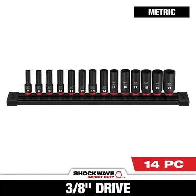 Milwaukee 49-66-7008, accessory: SHOCKWAVE 3/8 in. Drive Metric Deep Well 6 Point Impact Socket Set (14-Piece)