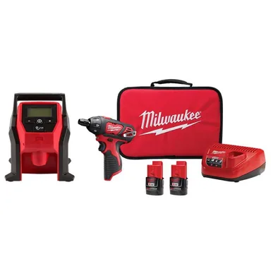 Milwaukee 2475-20-2401-22, bundle: M12 12-Volt Electric Portable Inflator (Tool-Only) and M12 12V 1/4 in. Hex Screwdriver Kit with 2 1.5Ah Batteries