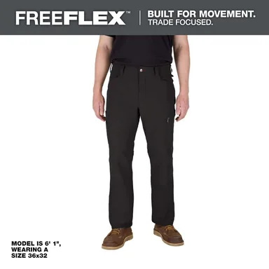 Milwaukee M651B-3432, unpowered: Men's 34 in. x 32 in. Black FREEFLEX Tech Work Pants with 7 Pockets (photograph from the Home Depot listing)