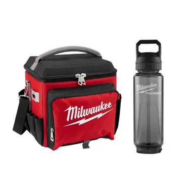 Milwaukee 48-22-8250-48-22-8372R, bundle: 21 qt. Soft Sided Jobsite Lunch Cooler with PACKOUT 34 Oz. Red Plastic Bottle with Chug Lid