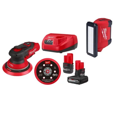 Milwaukee 2585-22CX-2367-20, bundle: M12 FUEL 12-Volt Li-Ion Brushless Cordless 6 in. Random Orbital Sander Kit (3/16 in) wM12 5.0Ah,2.5Ah Batteries,&Light