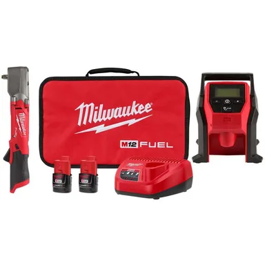 Milwaukee 2564-22-2475-20, bundle: M12 FUEL 12V Lithium-Ion Brushless Cordless 3/8 in. Right Angle Impact Wrench Kit with Two 2.0 Ah Batteries & Inflator