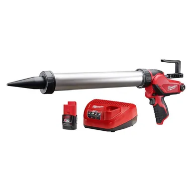 Milwaukee 2442-21, kit: M12 12V Lithium-ion Cordless 20 oz. Aluminum Barrel Adhesive and Caulk Gun Kit with (1) 1.5Ah Battery & Charger (photograph from the Home Depot listing)
