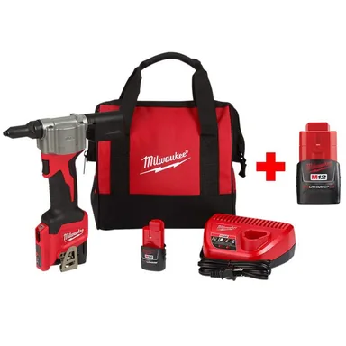 Milwaukee 2550-22-48-11-2420, bundle: M12 12-Volt Lithium-Ion Cordless Rivet Tool Kit with Free 2.0 Ah Battery