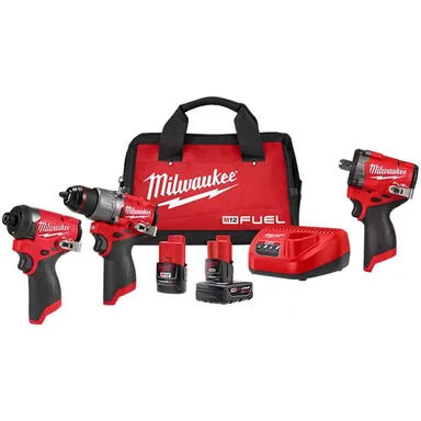 Milwaukee 3497-22-2563P-20, bundle: M12 FUEL 12-Volt Li-Ion Brushless Cordless Hammer Drill & Impact Driver Combo Kit with1/2 in. Pin Detent Impact Wrench