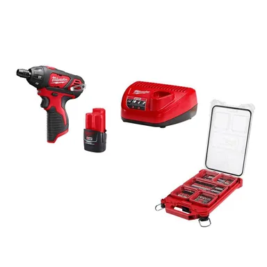 Milwaukee 2401-21P-48-32-4082, bundle: M12 12V Li-Ion Cordless 1/4 in. Hex Screwdriver Kit & SHOCKWAVE Bit Set w/ PACKOUT Case (100-Piece)