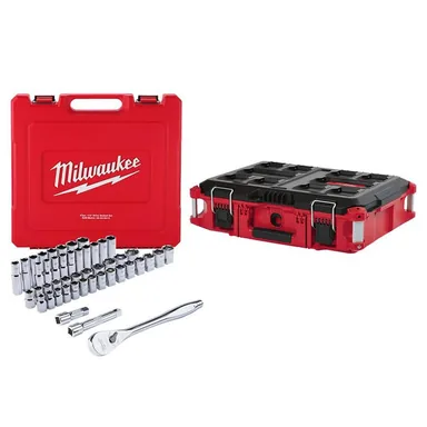 Milwaukee 48-22-9010-48-22-8424, bundle: 1/2 in. Drive SAE/Metric Ratchet and Socket Mechanics Tool Set (47-Piece) with PACKOUT 22 in. Tool Box
