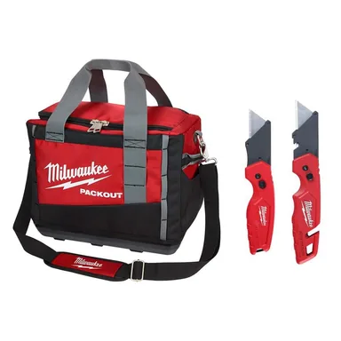Milwaukee 48-22-8321-48-22-1503, bundle: 15 in. PACKOUT Tool Bag/Tote with Fastback Folding Utility Knife Set (2-Pack)