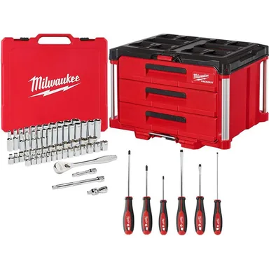 Milwaukee 48-22-9008-48-22-2706-48-22-8443, bundle: 3/8 in. Drive SAE/Metric Mechanics Tool Set (62-Piece) with PACKOUT 3-Drawer Tool Box