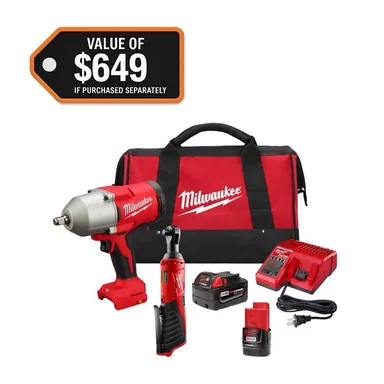 Milwaukee 2666-22RH, kit: M12/M18 12/18V Lithium-Ion Cordless 3/8 in. Ratchet and 1/2 in. High Torque Impact Wrench with Friction Ring Combo Kit