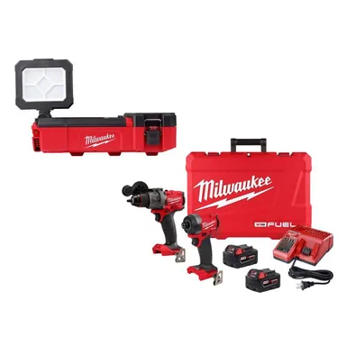 Milwaukee 2356-20-3697-22, bundle: M12 12V Lithium-Ion Cordless PACKOUT Flood Light W/USB Charging & M18 FUEL Hammer Drill/Impact Driver Combo Kit (2-Tool)