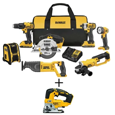 DeWalt DCK720D2W334, bundle: 20V MAX Cordless 7 Tool Combo Kit, 20V MAX XR Cordless Brushless Jigsaw, and (2) 20V 2.0Ah Batteries