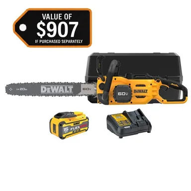 DeWalt DCCS677Z1, kit: FLEXVOLT 60V MAX 20 in. Brushless Cordless Chainsaw and Case Kit with (1) 5.0 Ah Battery and Charger (photograph from the Home Depot listing)