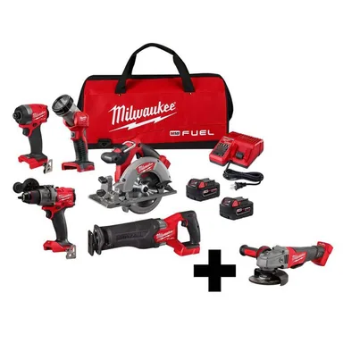 Milwaukee 3697-25-2880-20, bundle: M18 FUEL 18-Volt Lithium-Ion Brushless Cordless Combo Kit (5-Tool) with FUEL 4-1/2 in./5 in. Grinder