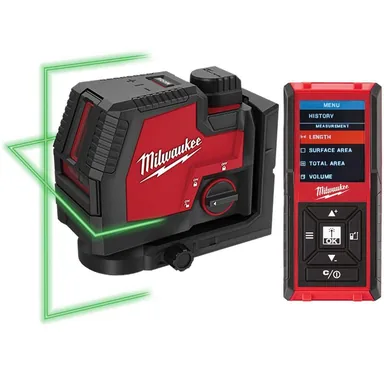 Milwaukee 3521-21-48-22-9802, bundle: 100 ft. REDLITHIUM Lithium-Ion USB Green Rechargeable Cross Line Laser Level with Charger and Laser Distance Measure
