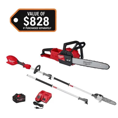Milwaukee 2727-20-3016-21PS, bundle: M18 FUEL 18V 16 in. Brushless Cordless Battery Powered Chainsaw w/ Pole Saw, 8.0 Ah Battery, Charger (2-Tool)