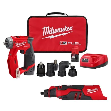 Milwaukee 2525-20-2505-22, bundle: M12 12V Lithium-Ion Cordless Brushless Rotary Tool with M12 4-in-1 Installation 3/8 in. Drill Driver Kit