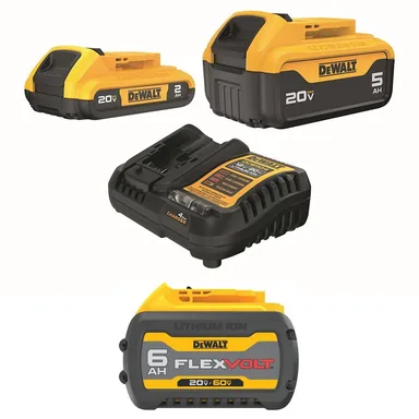 DeWalt DCB606WCB225-2C, bundle: 20V MAX Lithium-Ion Battery Kit with 5.0 Ah and 2.0 Ah Battery Packs Charger and 6.0 Ah FLEX VOLT 60V/20V Battery Pack